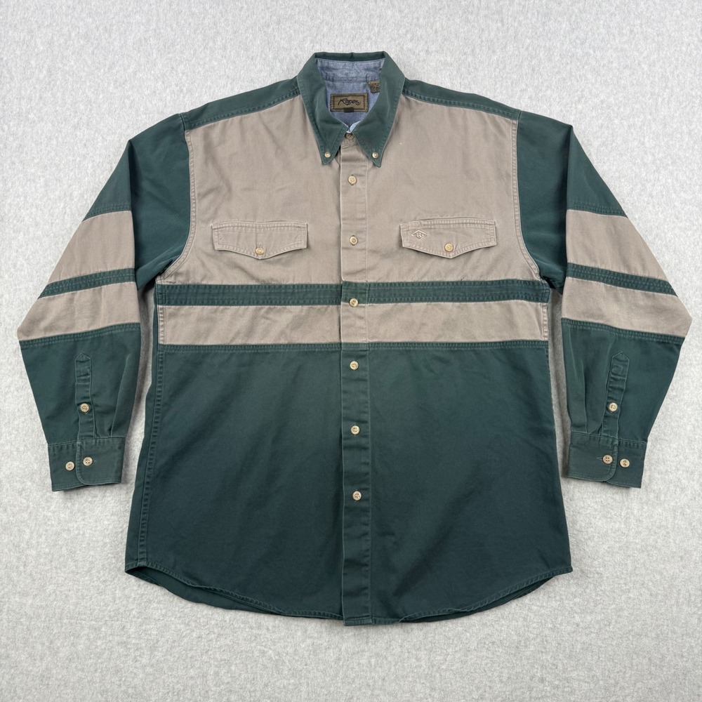 Roper Shirt Men Large Green Tan Colorblock Button Down Western Twill Cotton